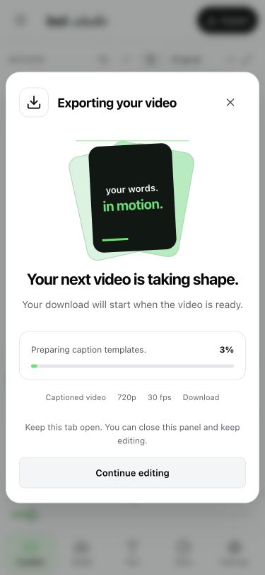 Bol Studio export progress panel showing a captioned 720p video rendering at 30 fps