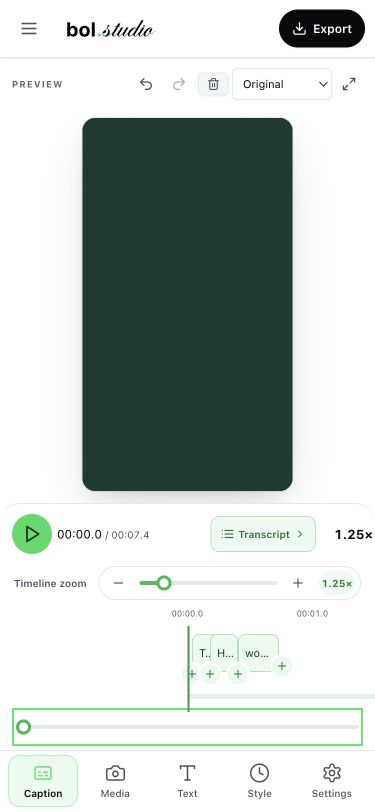 Mobile editor with a Timeline zoom slider beneath playback controls and a horizontal word timeline